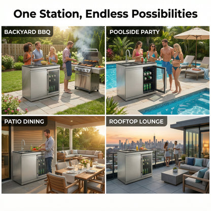 Sink and Fridge Combo for Outdoor Kitchen, 70L Refrigerator and Sink with Pull-Down Faucet, Brushed SS and Black Granite Countertops, All-in-One BBQ Island Cleaning Station (Silver)