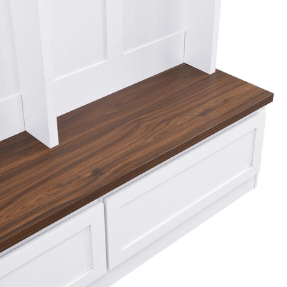 Farmhouse 4-in-1 Hall Tree with Wood Grain Bench, Mudroom Versatile Coat Rack with 2 Large Drawer, Entrance Organizer, White, 55.9" W