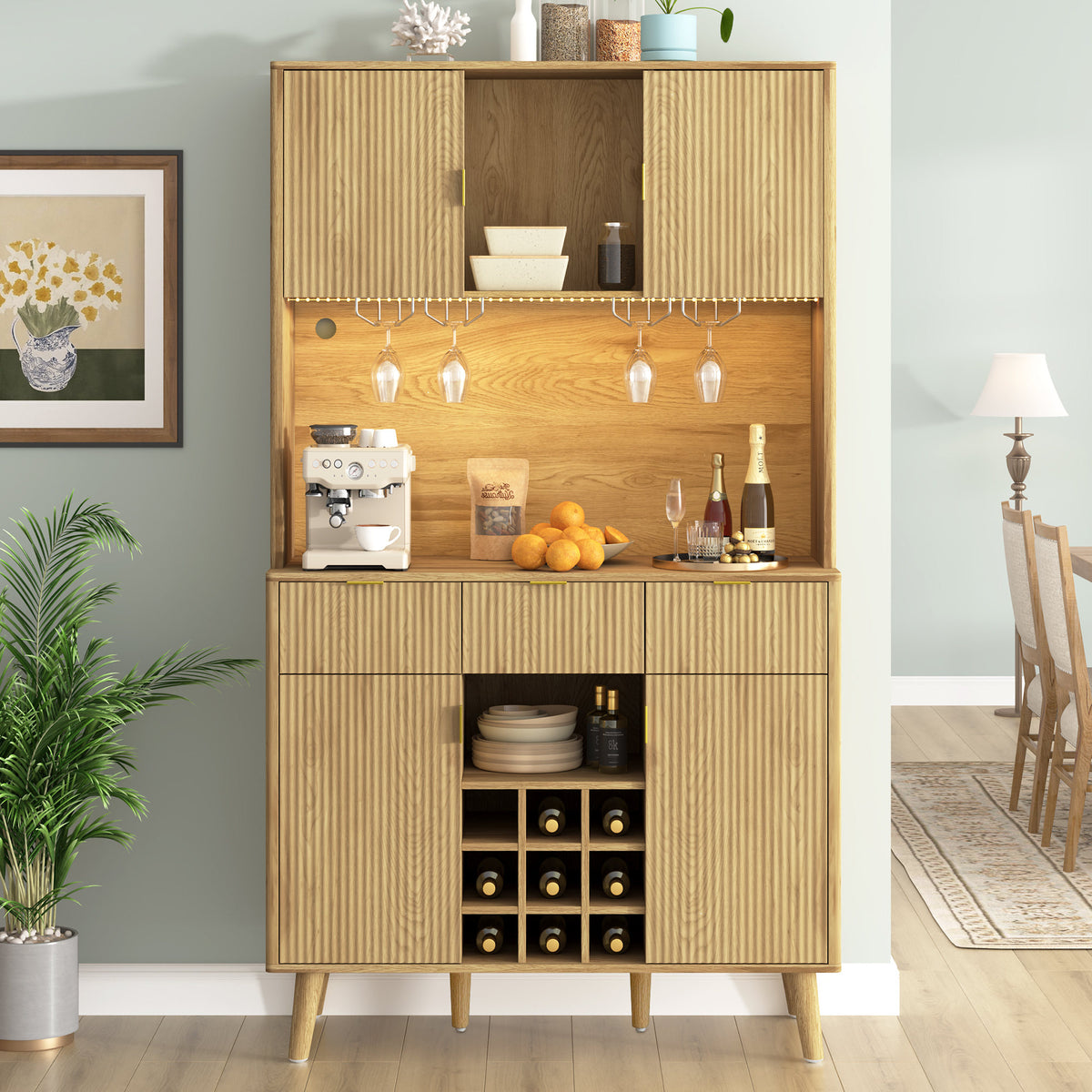 U_Style 72.2" High Kitchen or Bar Cabinet with Electrical Outlet and LED Light, Wine Bottle Storage with Nine-Grid Wine Rack,Multi-Functional Home Sideboard for Dining Room, and Hallway