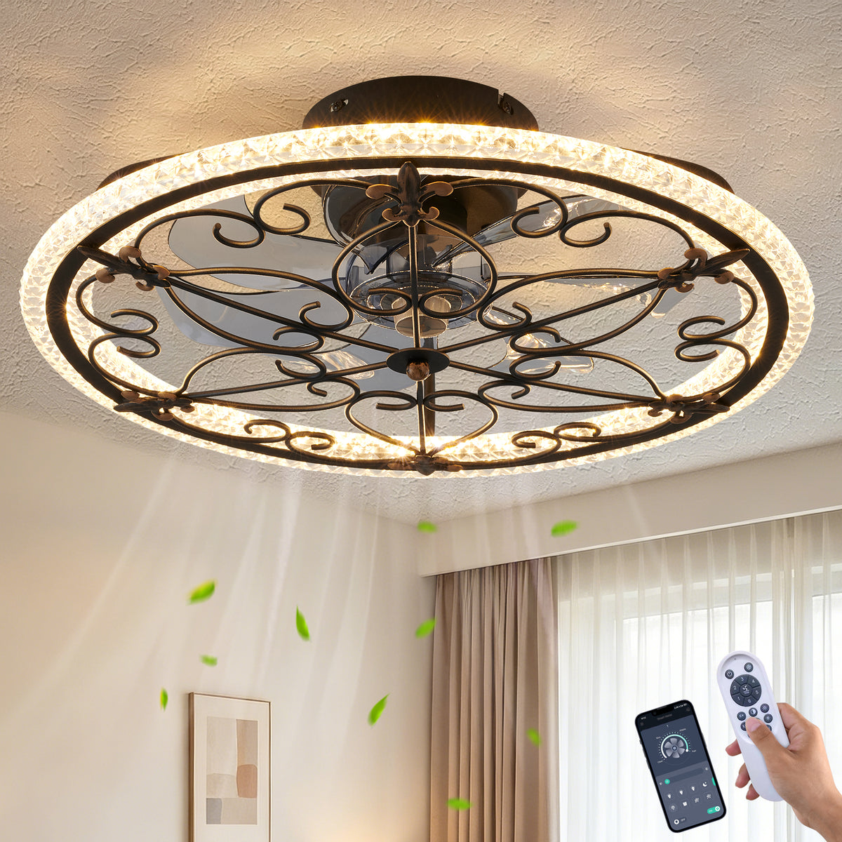 Rustic Black Caged Ceiling Fan with Remote-Controlled LED Light for Bedroom Kitchen Living Room, Matte Black Iron and ABS-PC Construction, 20-Inch