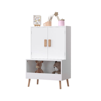 Kids Toy Storage Cabinet with Doors and Open Shelf, White Modern Wooden Organizer with Natural Wood Legs, Toddler Bookshelf