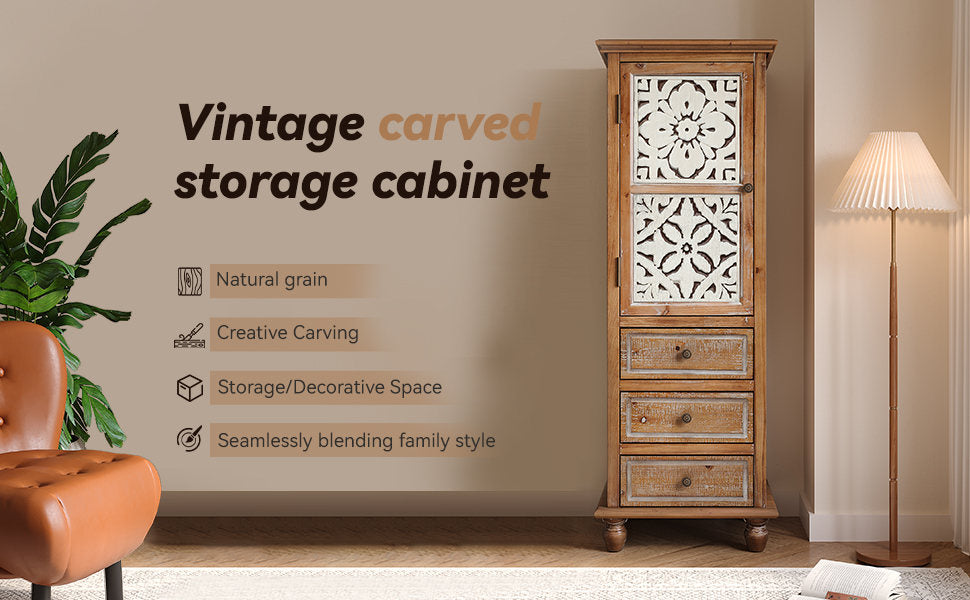 Rustic Wooden Storage Cabinet with Decorative Cutout Door & 3 Drawers, Tall Narrow Organizer for Living Room, Bedroom