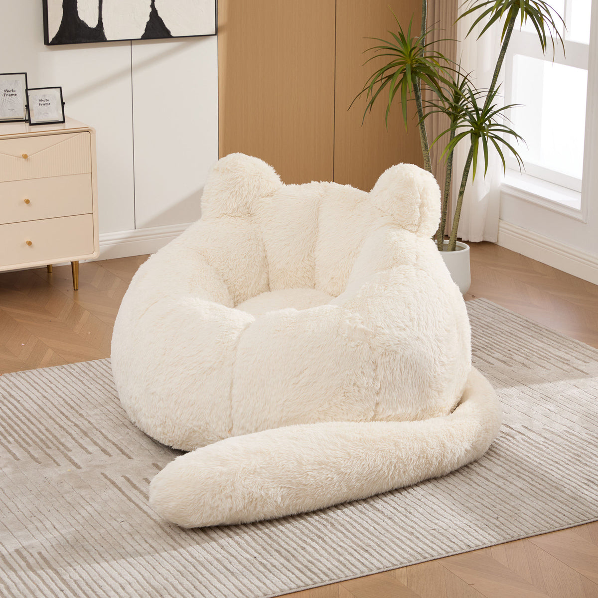 41.7'' W Boneless Single Sofa, Faux Fur Large Bean Bag, Cat Shaped with Tail Pillow Fluffy Beanbag, Comfy Accent Floor Chair for Reading, Gaming Nap Lounge in Living Room Bedroom Dorm Apartment, Beige