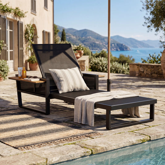 Black Iron + Teak Finish Chaise Lounge Frame, Iron + Acacia Wood Outdoor Recliner with Foldable Armrests, 400 lbs Capacity, Adjustable Backrest for Patio Poolside Backyard