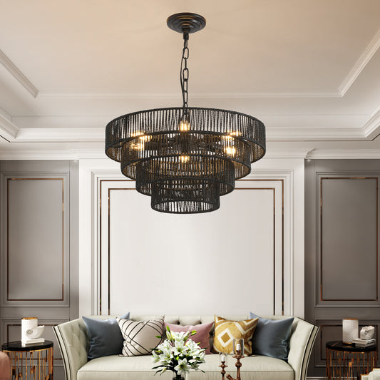20" Rustic 4-Tier Black Hemp Rope Pendant Light Chandelier with 6 E12 Sockets, Handmade Tiered Boho Ceiling Light Fixture