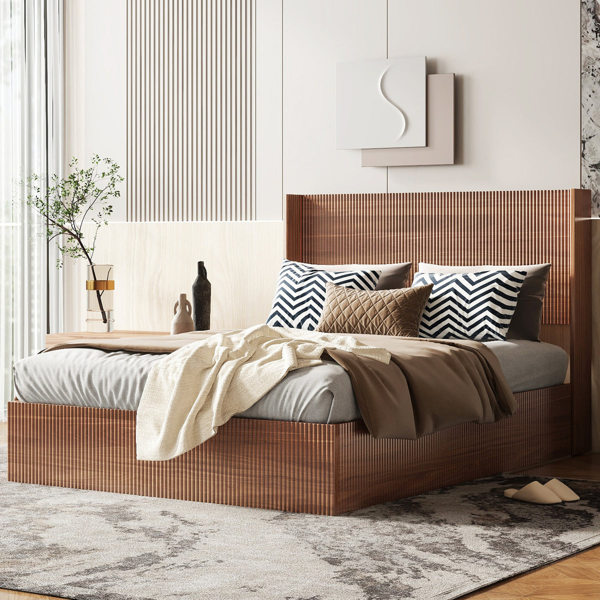 (Queen size) bed frame with a grooved and undulating lifting storage function, featuring a lifting storage feature, safe and beautiful / without noise, a wooden slat platform bed frame in a natural