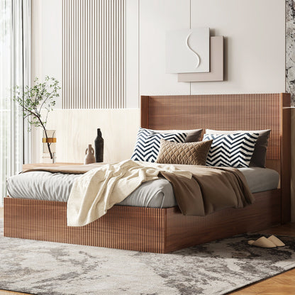(Queen size) bed frame with a grooved and undulating lifting storage function, featuring a lifting storage feature, safe and beautiful / without noise, a wooden slat platform bed frame in a natural