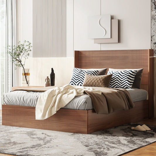(Queen size) bed frame with a grooved and undulating lifting storage function, featuring a lifting storage feature, safe and beautiful / without noise, a wooden slat platform bed frame in a natural