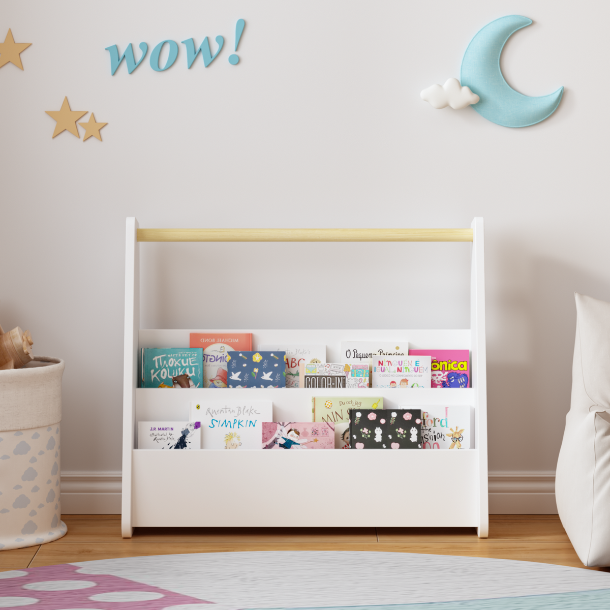 Kids Bookshelf with Wooden Handle, 2-Tier Front-Facing Toddler Bookcase, Portable Children's Book Storage Organizer, or Classroom, White