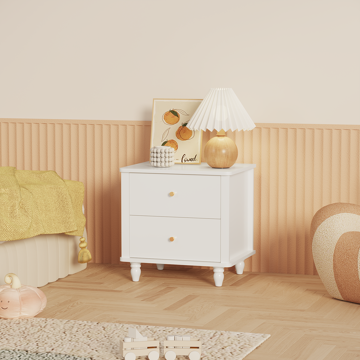 Modern 2-Drawer Nightstand, MDF Wooden Bedside Table with Round Knobs, Small Bedside Cabinet End Table for Bedroom, Living Room, Kids Room, White