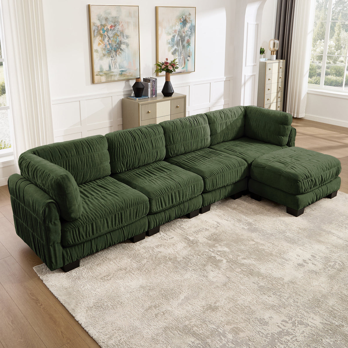 4 Seat Ruched Detailing Chenille Modular Sectional Sofa,Movable Ottoman,High-Density Foam,L Shape Thickened  Back Cushions,Easy Assembly,For Living Room,Bedroom,Green