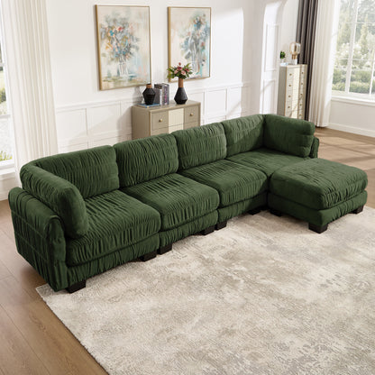 4 Seat Ruched Detailing Chenille Modular Sectional Sofa,Movable Ottoman,High-Density Foam,L Shape Thickened  Back Cushions,Easy Assembly,For Living Room,Bedroom,Green