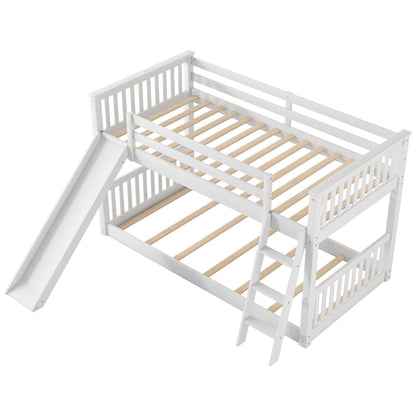White Twin over Twin Bunk Bed with Convertible Slide and Ladder, Pine Wood, 79.1''L x 42.1''W x 49.4''H
