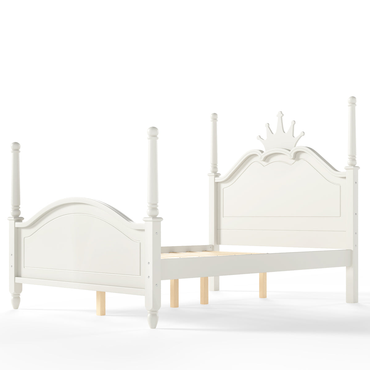Full Size Crown Shaped Platform Bed, Four Poster Stylish Wooden Bed Frame, Elegant Curved Headboard Bed Frame For Bedroom,Beige