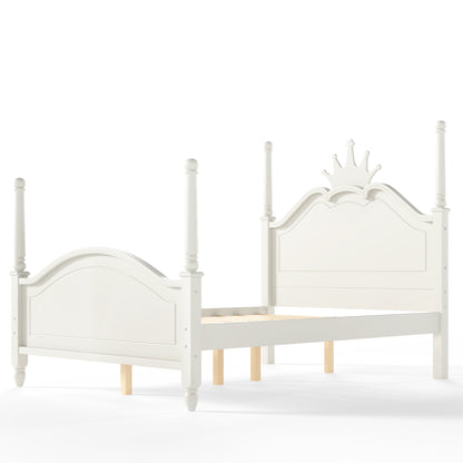 Full Size Crown Shaped Platform Bed, Four Poster Stylish Wooden Bed Frame, Elegant Curved Headboard Bed Frame For Bedroom,Beige