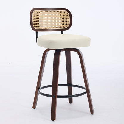 Set of 2 Counter Height Bar Stools - 26 inch Rattan Counter Height Stools with Cane Back, Upholstered Seat, Walnut Craftsmanship, Swivel Counter Stools for Island/Kitchen/Counter/Bar (Walnut /Beige)
