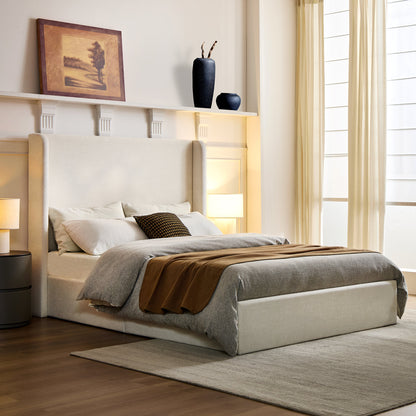 Carmen Upholstered Wingback Bed / Upholstered Platform Bed Frame / 54" High Headboard / Simplicity / Minimalist / No Box Spring Needed / Easy Assembly / Queen/ Textured Ivory Canvas / No Noise