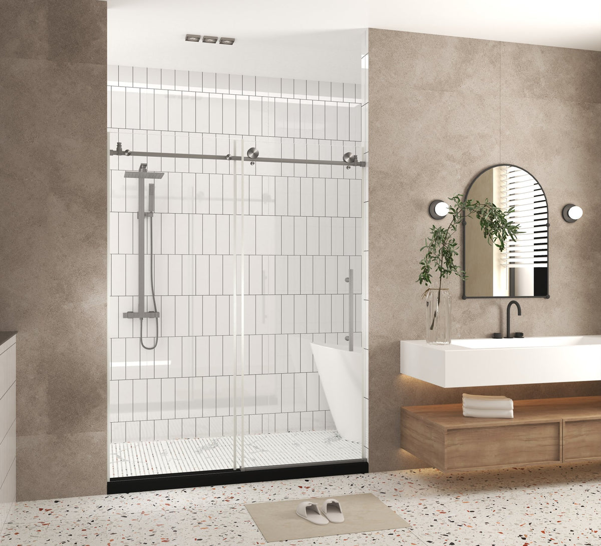 Frameless shower door 56-60 "W x 76" H, 1/4 "(6 mm) Clear Tempered Glass, Explosion Proof Film, Stainless Steel Handle,Brushed Nickel
