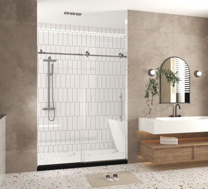 Frameless shower door 56-60 "W x 76" H, 1/4 "(6 mm) Clear Tempered Glass, Explosion Proof Film, Stainless Steel Handle,Brushed Nickel