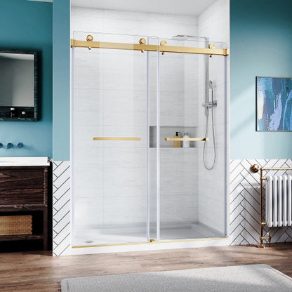 Brushed Gold 56-60 in.W x 76 in.H 1/4"(6mm) Frameless Sliding Shower Door Bypass Glass Sliding Shower Doors Clear Tempered Glass,Heavy Duty Stainless Steel Hardwares 2pcs Rectangle Handles,