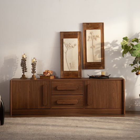 Walnut Brown MDF Buffet Sideboard Cabinet, 63 Inch 2 Doors 2 Drawers Storage Credenza with Silent Slide Drawers & Soft Close Doors, Mid Century Modern Accent Console Cabinet for Living Room Entryway