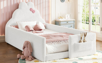 Twin Size Upholstered Floor bed, LowtoGround floor bed, Soft Padded Upholstered Kids bed, Safe Children Bed Frame with Side Storage Pocket for Kids.White