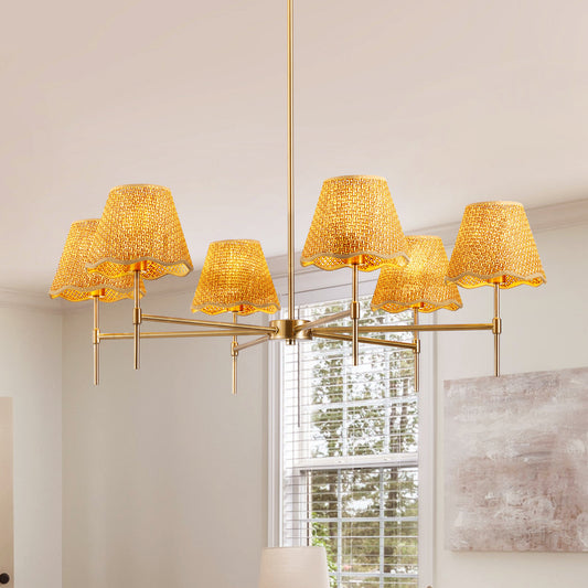 Boho Rattan Chandelier 6-Lights Rustic Industrial Pendant Light Large Adjustable Pendant Lighting Fixtures for Kitchen Island Dining Living