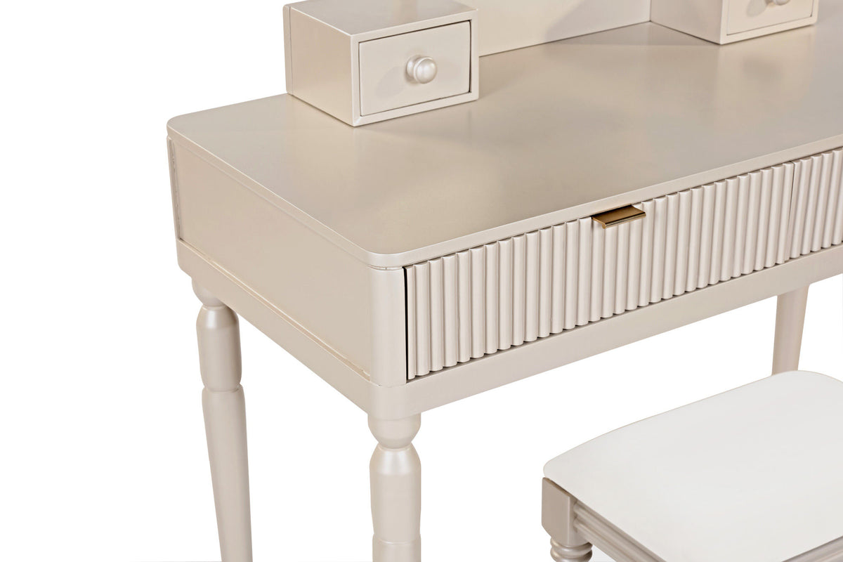 Luxury Vanity Desk with Round Mirror,Height-Adjustable, Stylish Dressing Table Set, 4 Drawers & Stool, Champagne