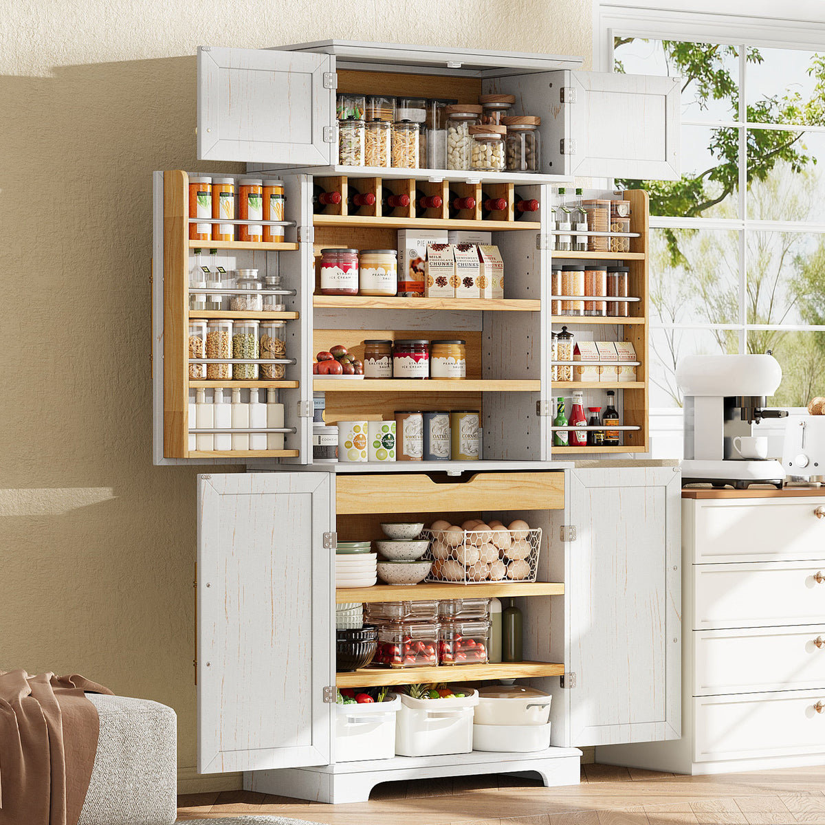 K&K 78.2" Tall Farmhouse Kitchen Pantry Cabinet with 8 Door Shelves, Storage Cabinet with 4 Adjustable Shelves, Hidden Drawer, Wine Rack