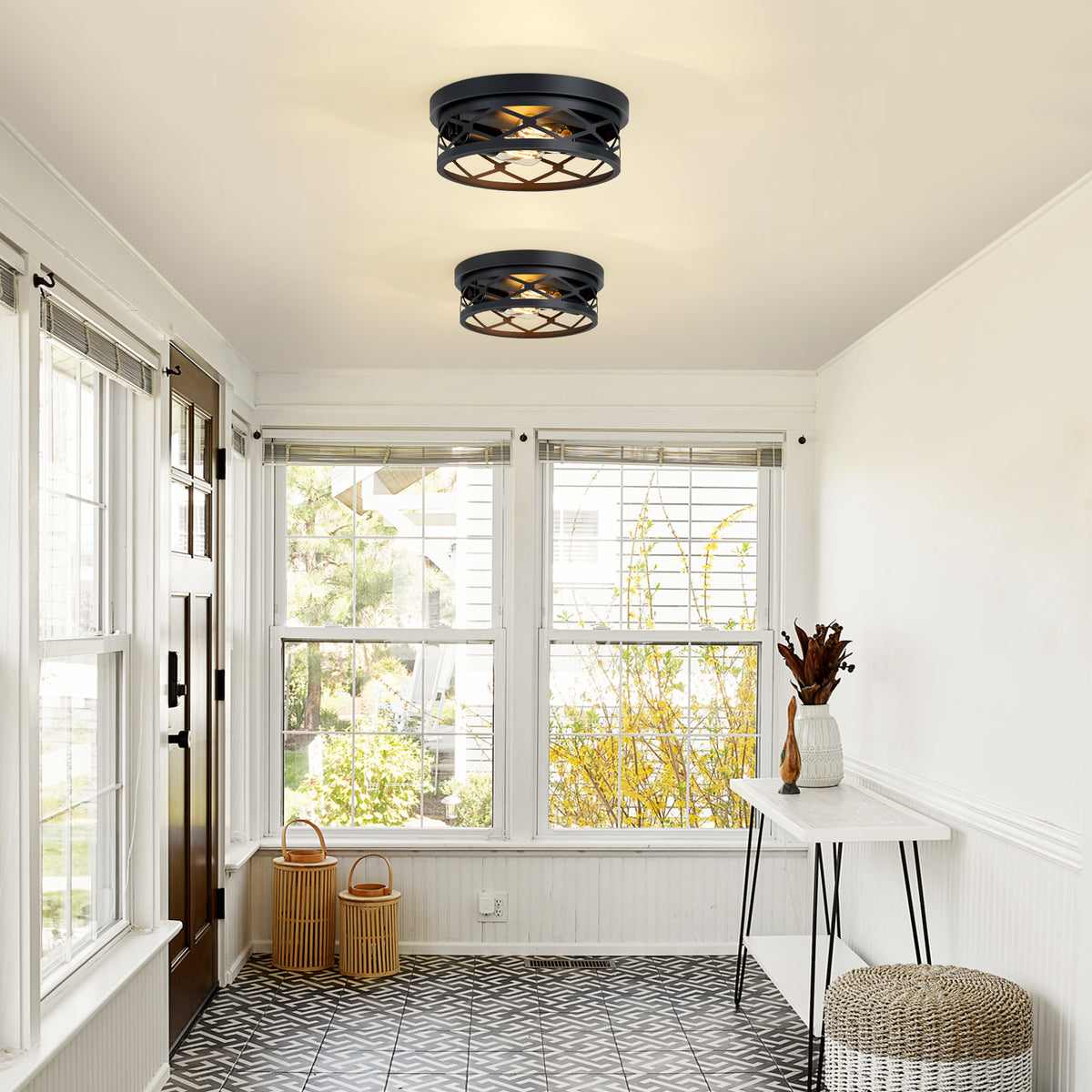 2 Pack 2-Light Matte Black Industrial Flush Mount Ceiling Light, Farmhouse Round Ceiling Lamp for Hallway Kitchen Entryway(No light bulb)