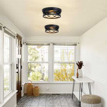 2 Pack 2-Light Matte Black Industrial Flush Mount Ceiling Light, Farmhouse Round Ceiling Lamp for Hallway Kitchen Entryway(No light bulb)