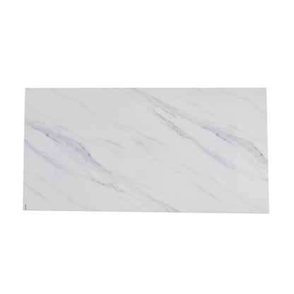 Modern Rectangular Dining Table, Tempered Glass with Marble Texture Top, Matte Gray Brushed Metal Legs, 4-6 Person Capacity, White Marble Finish, 69.30 Inch