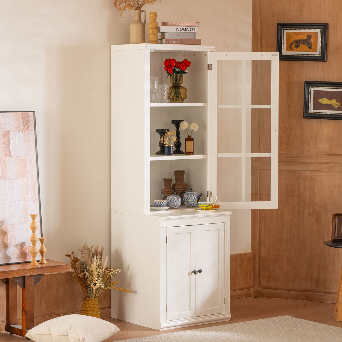 75.25'' Tall Freestanding Pantry Cabinet with Glass Door & Lattice Window, Farmhouse Display Cabinets with Storage, Hutch with Double-Action LH&RH Door, for Hallways, Livingroom Kitchen & Office,White