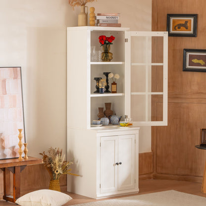 75.25'' Tall Freestanding Pantry Cabinet with Glass Door & Lattice Window, Farmhouse Display Cabinets with Storage, Hutch with Double-Action LH&RH Door, for Hallways, Livingroom Kitchen & Office,White