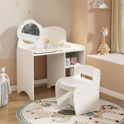 Kids Vanity Table with Mirror and Chair, Wooden Children's Dressing Makeup Desk with Storage Shelves