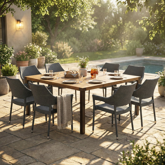 9 PCS Outdoor  Dining Set ,64" Large Solid Wood Table and Grey Wicker Chairs for 8 for Patio, Deck, Backyard, Teak Finish
