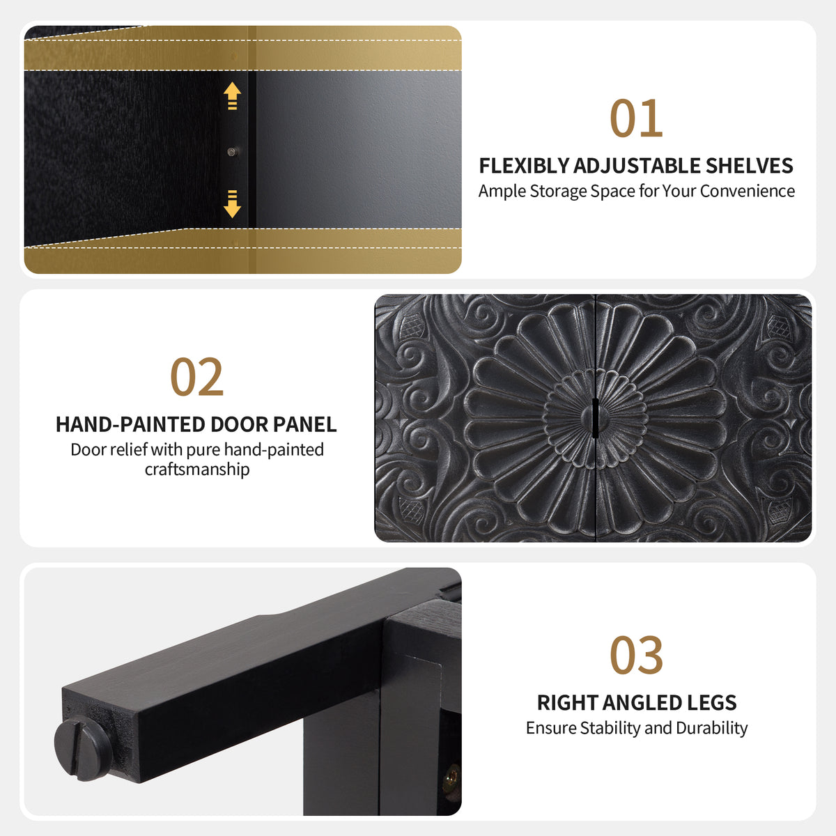 Hand-Carved Accent Cabinet, Black Wooden Storage Cabinet with Drawer & Doors, Floral Embossed Sideboard with Gold Handles for Entryway, Living Room, 14.97"x31.5"x36.82"