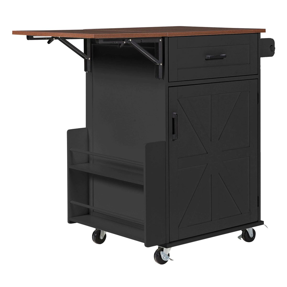 K&K 39.3" Farmhouse Kitchen Island with Drop Leaf, Kitchen Storage Island with Open Side Rack, One Drawer, Towel Rack – Black