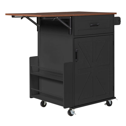 K&K 39.3" Farmhouse Kitchen Island with Drop Leaf, Kitchen Storage Island with Open Side Rack, One Drawer, Towel Rack – Black