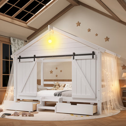 Twin Size Farmhouse Bed with Sliding Barn Door and Light Bulb, Wood house Bed Frame with Stair and Drawers, White