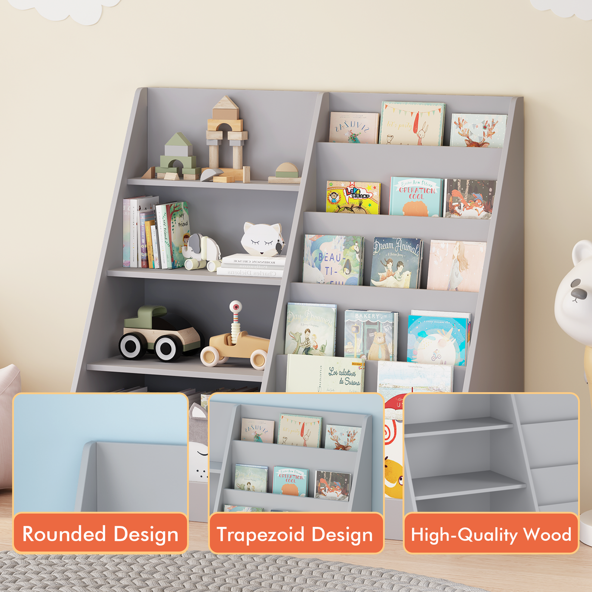 Kids Bookshelf and Toy Storage Organizer, Multifunctional 4 Tier Wooden Kids Book Shelf with Bookcase Display Stand, Children, Toddlers - Gray – Model W808P340216