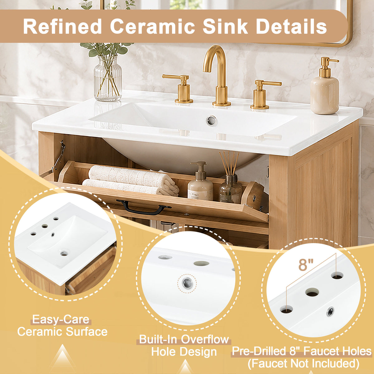 24 Inch Modern Traditional Bathroom Vanity with Ceramic Sink, MDF Cabinet & Solid Wood Legs, Black Zinc Alloy Handles, Wood Grain Melamine Finish