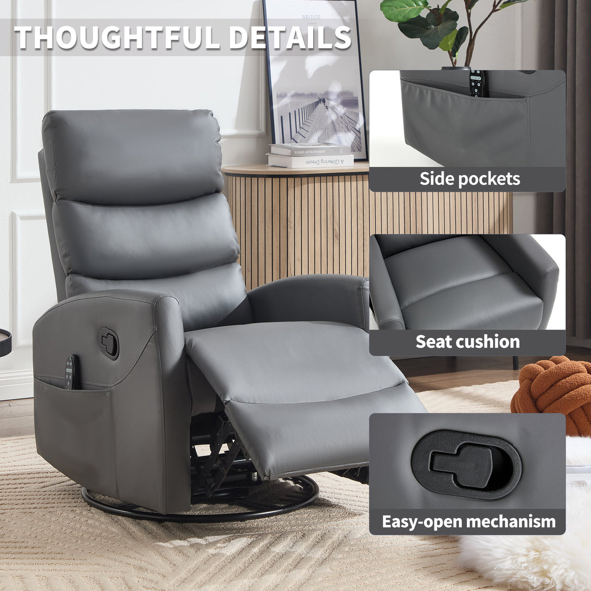 Heat Massage Manual Recliner Chair with Rocker and Swivel in Fabric, Grey – Model W3224P322245
