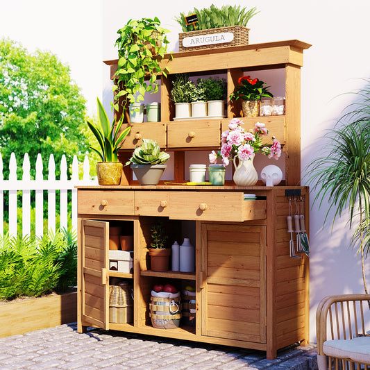 [Assembly Video Provided] TOPMAX 65.7'' H Tall Garden Potting Bench Table with Hutch, Patio Storage Workstation with 3 Shelves, 6 Drawers