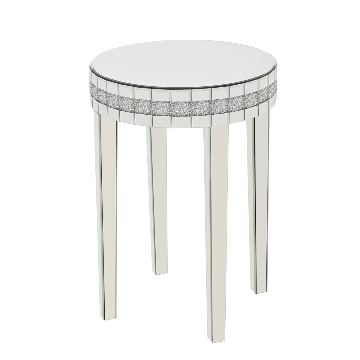 Round Mirror Accent Table, with Silver Mirror Glass Tabletop with Bling Crushed Diamond Edge Frame and Crystal Mirror Legs. End Table for Living Room, Bedroom, Coffee, Entryway,9.7' Diameter x 28.33'