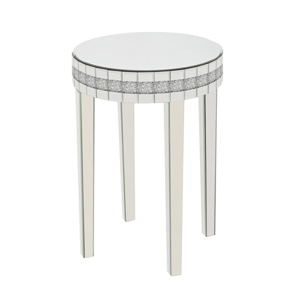 Round Mirror Accent Table, with Silver Mirror Glass Tabletop with Bling Crushed Diamond Edge Frame and Crystal Mirror Legs. End Table for Living Room, Bedroom, Coffee, Entryway,9.7' Diameter x 28.33'