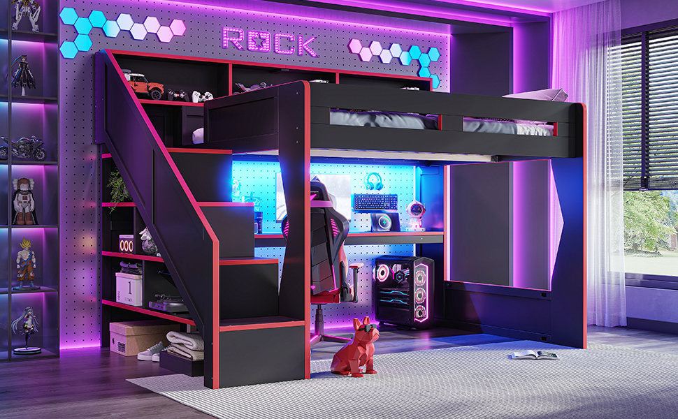 Queen Size Gaming Loft Bed with Storage Stair & Open Headboard Shelves, LED Light & USB Charging Desk, Elevated Loft Bed Frame with House-Shaped Cutout Design for Gamers,Black&Red