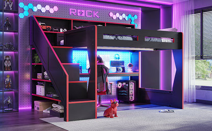 Queen Size Gaming Loft Bed with Storage Stair & Open Headboard Shelves, LED Light & USB Charging Desk, Elevated Loft Bed Frame with House-Shaped Cutout Design for Gamers,Black&Red