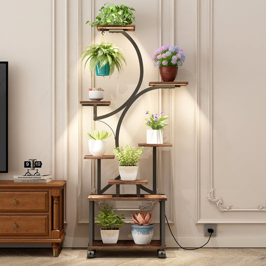 Plant Stand Indoor with Grow Lights - 62' Tall Plant Shelf, Lighted Corner Plant Stands for Indoor Growing, 8 Tiered Large Flower Holder, S-Shaped Decorative Rack for Living Room (WALNUT COLOR)
