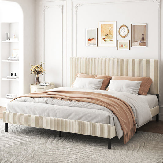 King bed frame with a bandaged headboard is stable and easy to assemble, and the style is simple and elegant, beige